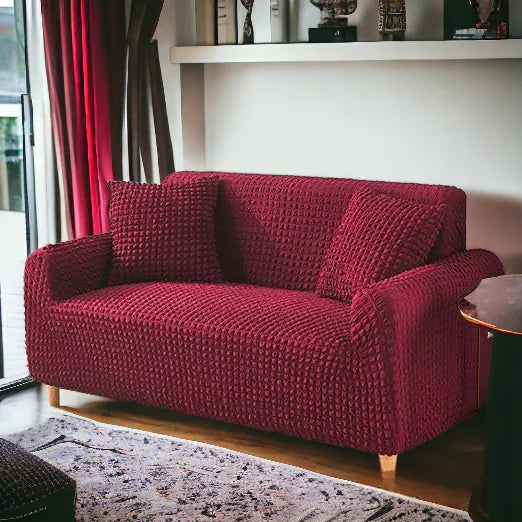 Fitted Style Bubble Stuff Sofa Cover Maroon